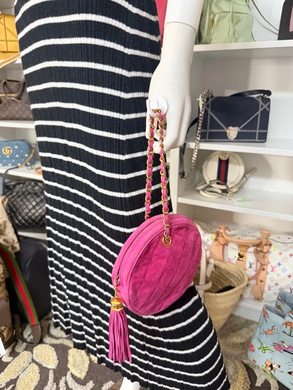 Chanel Hot Pink Quilted Suede Round Clutch on Chain